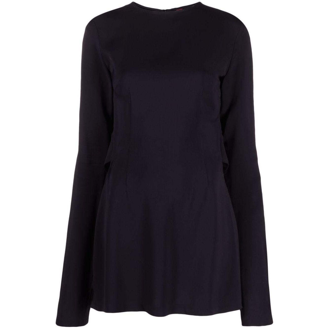 032C black 'Kicked Back' structured dress with long sleeves, round neck, and cut-out detailing.
