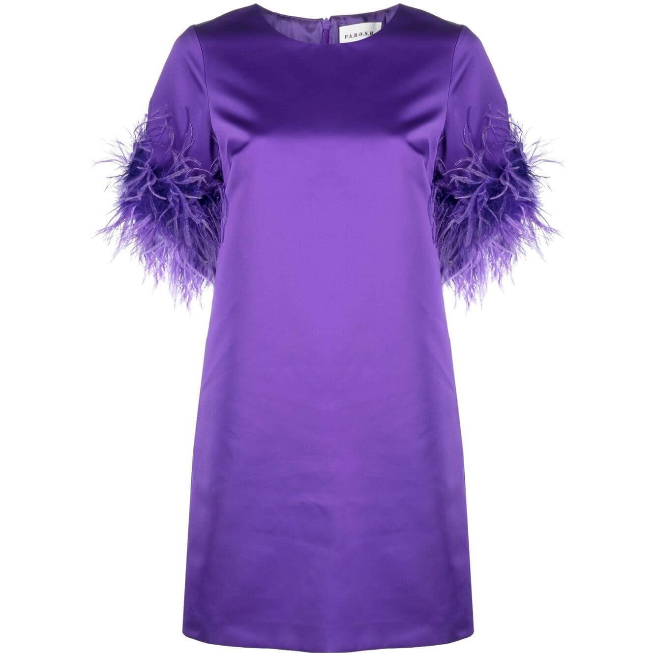 Violet purple Parosh feather-trim satin dress with ostrich feathers, round neck, and short sleeves - perfect for formal occasions.