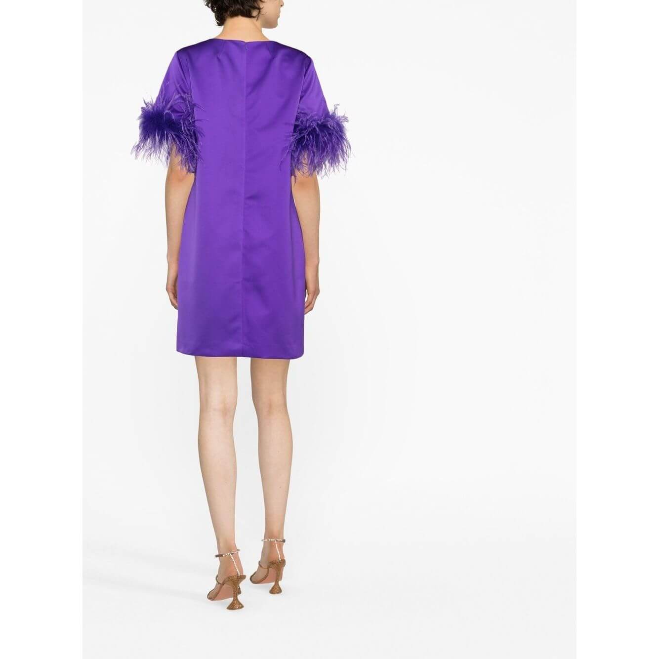Back view of purple satin dress with ostrich feather trim and short sleeves, perfect for elegant occasions.