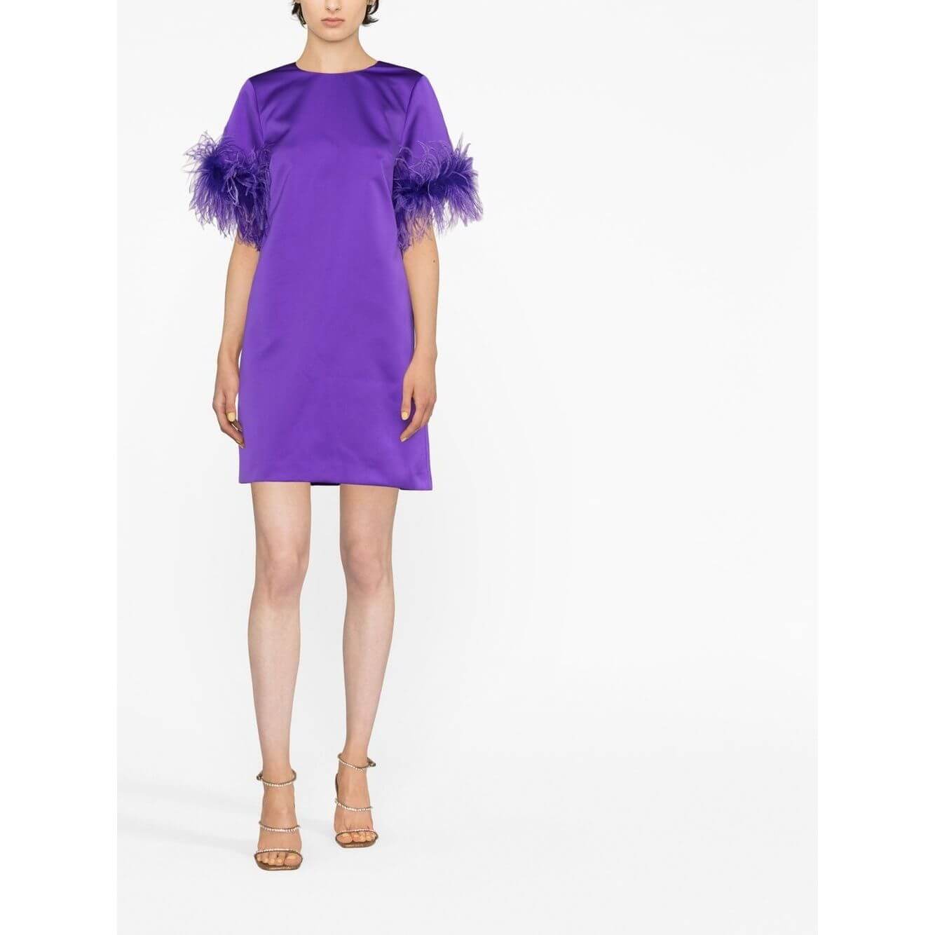 Violet purple satin dress with ostrich feather trim, round neck, short sleeves, and shift style, from P.A.R.O.S.H.