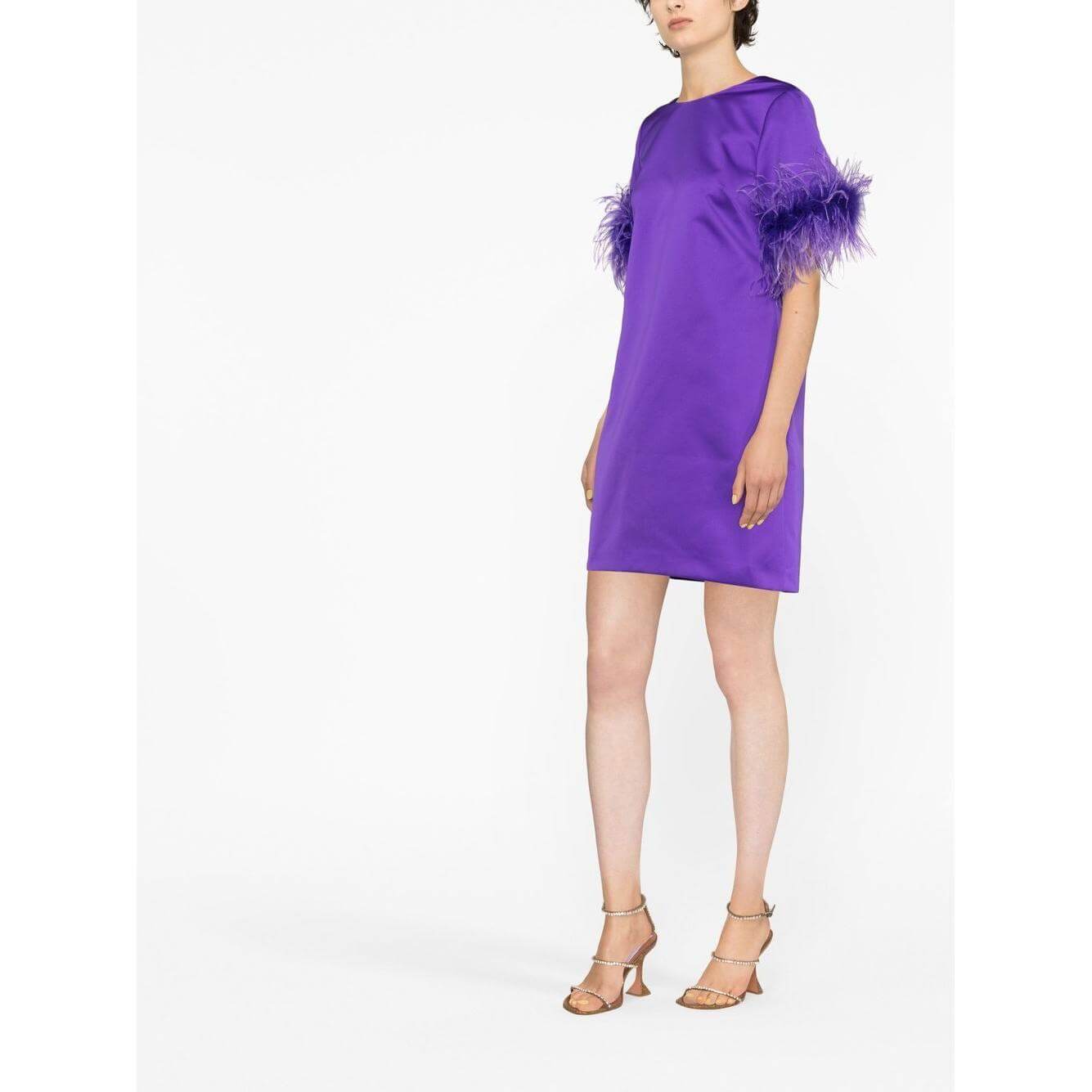 Violet purple satin dress with ostrich feather trim, shift style, round neck, short sleeves, and concealed rear zip fastening by P.A.R.O.S.H.
