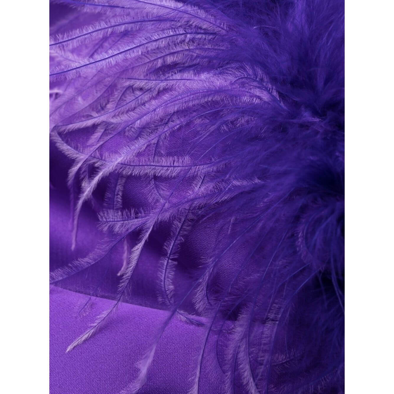 Close-up of violet purple ostrich feather-trim on satin fabric from P.A.R.O.S.H. dress, showcasing luxurious texture and vibrant color.