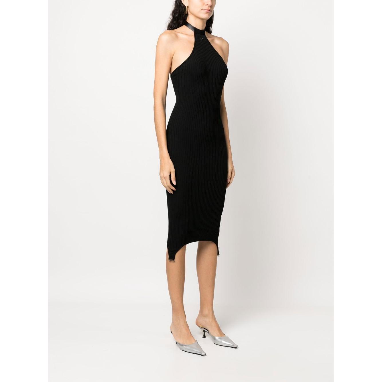 Black ribbed knit halterneck bodycon dress with logo and ring detail, sleeveless, below-knee length from Courrèges.