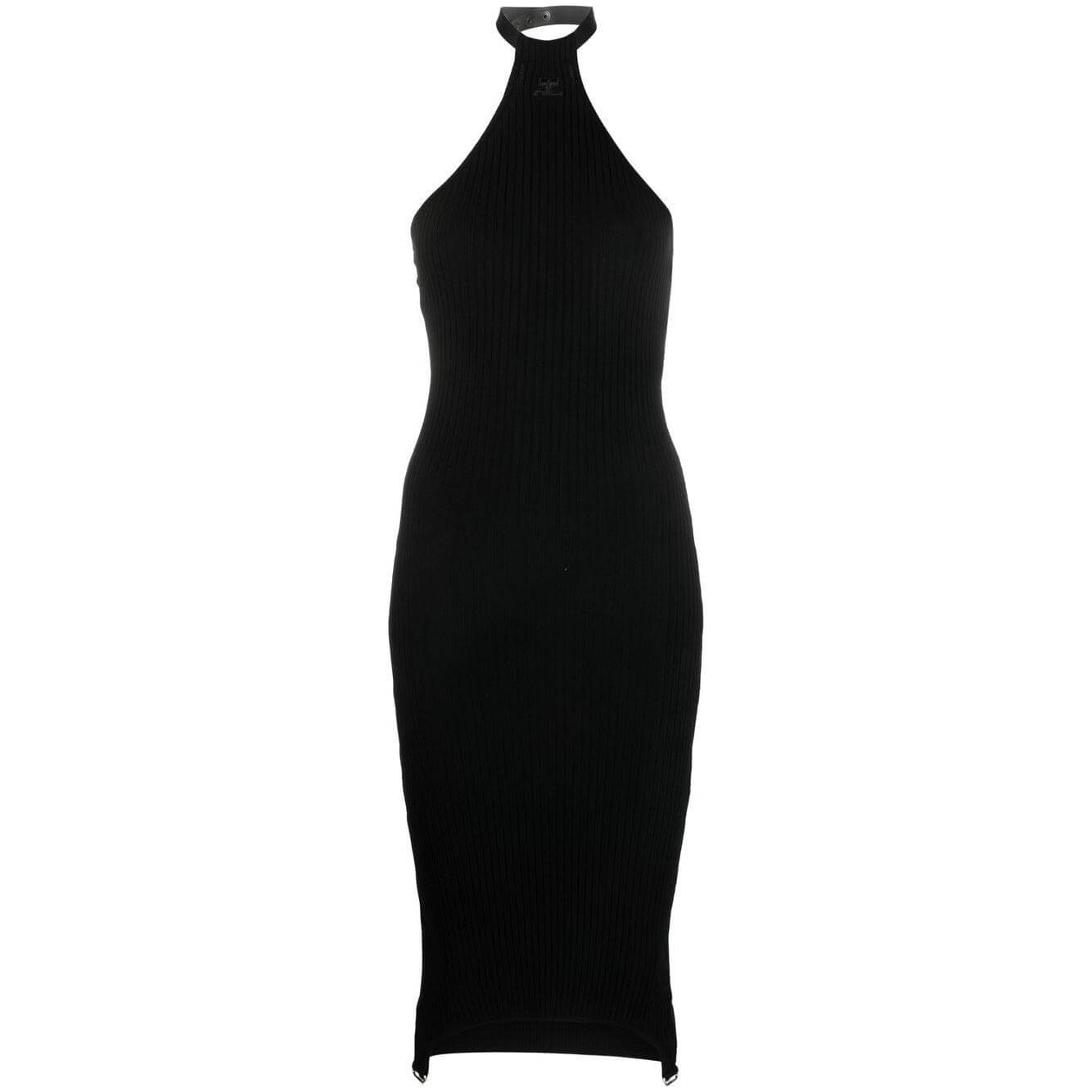 Black halterneck bodycon dress by COURREGES, ribbed knit, sleeveless, open back, with ring hardware; below-knee length, embroidered logo.