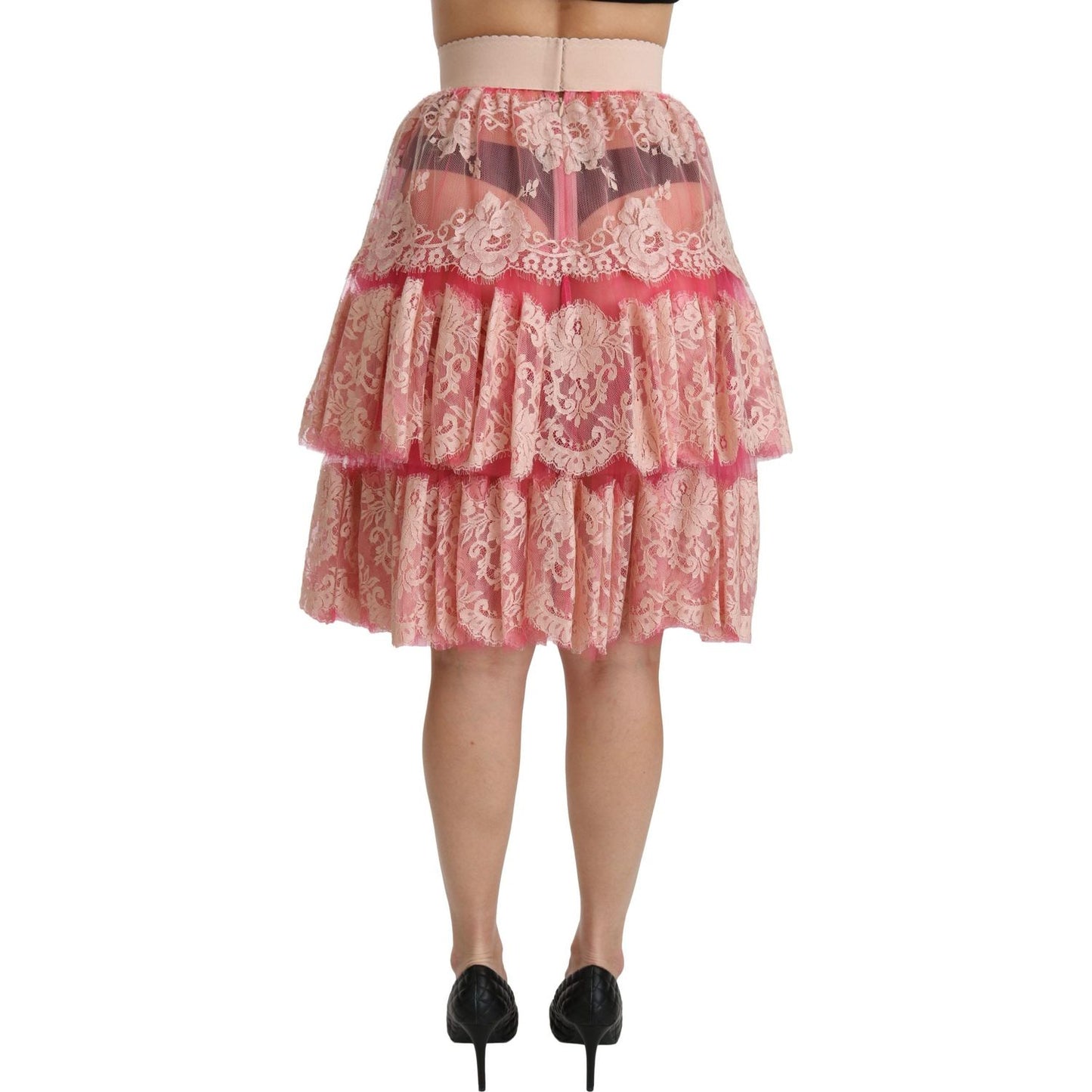 Dolce & Gabbana Pink Lace Layered High Waist Knee Length Skirt
