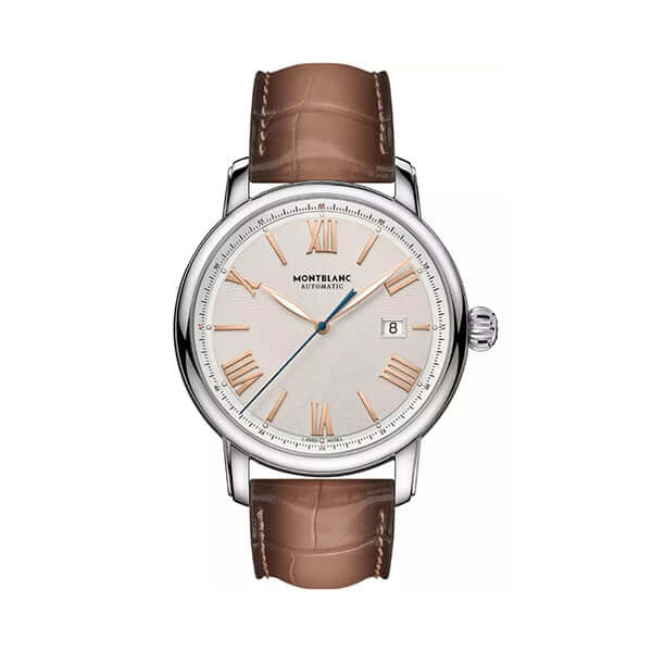 Montblanc automatic watch model 126104 with brown leather strap and silver dial with Roman numerals.
