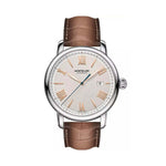 Montblanc automatic watch model 126104 with brown leather strap and silver dial with Roman numerals.