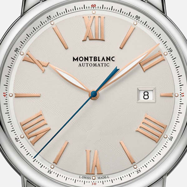 Close-up of Montblanc watch model 126104, featuring a classic dial with Roman numerals and elegant silver-toned case.