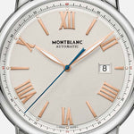 Close-up of Montblanc watch model 126104, featuring a classic dial with Roman numerals and elegant silver-toned case.