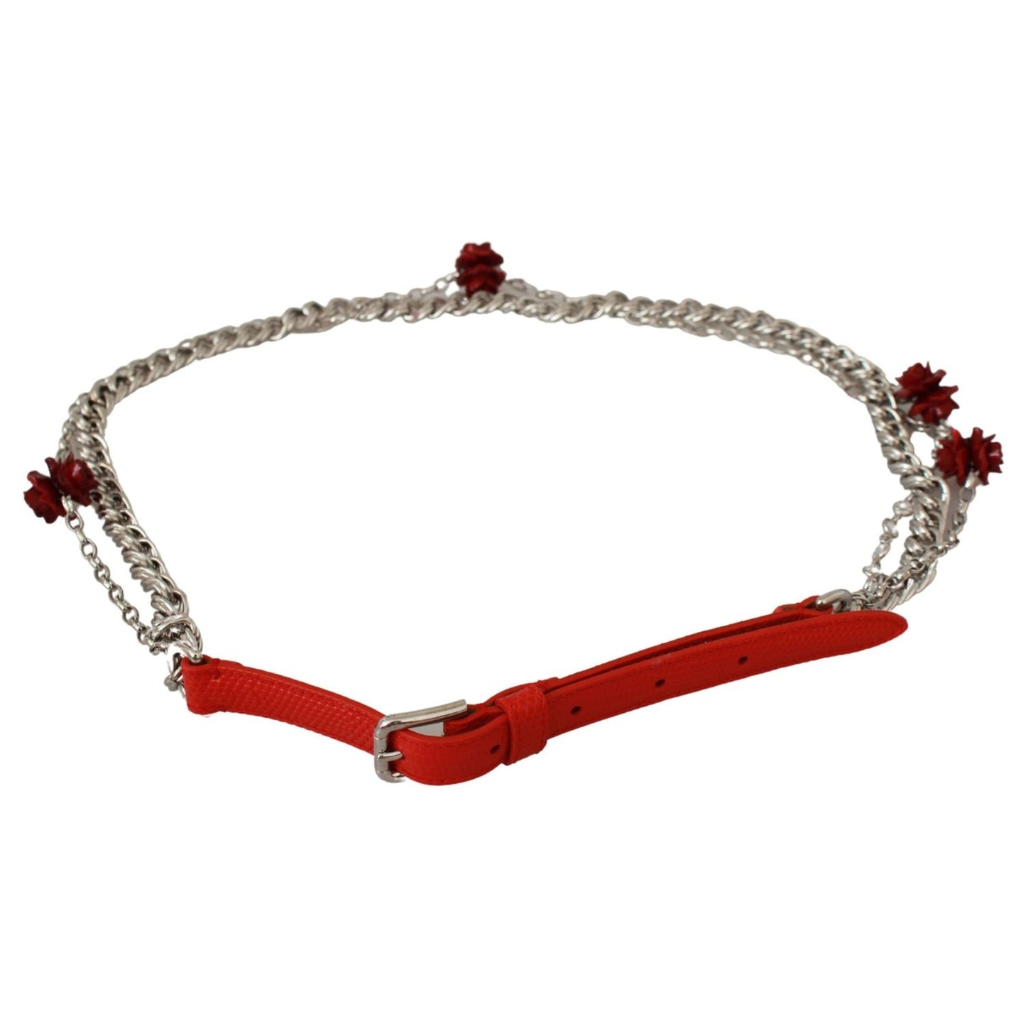 Dolce & Gabbana Red Leather Roses Floral Silver Waist Belt Belt