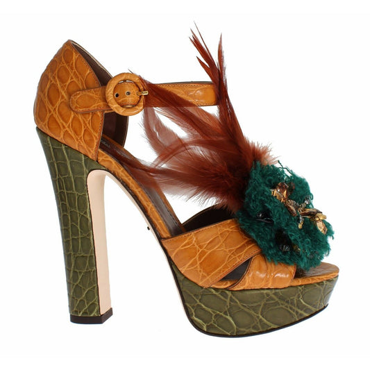 Dolce & Gabbana Orange Leather Crystal Platform Sandal Shoes