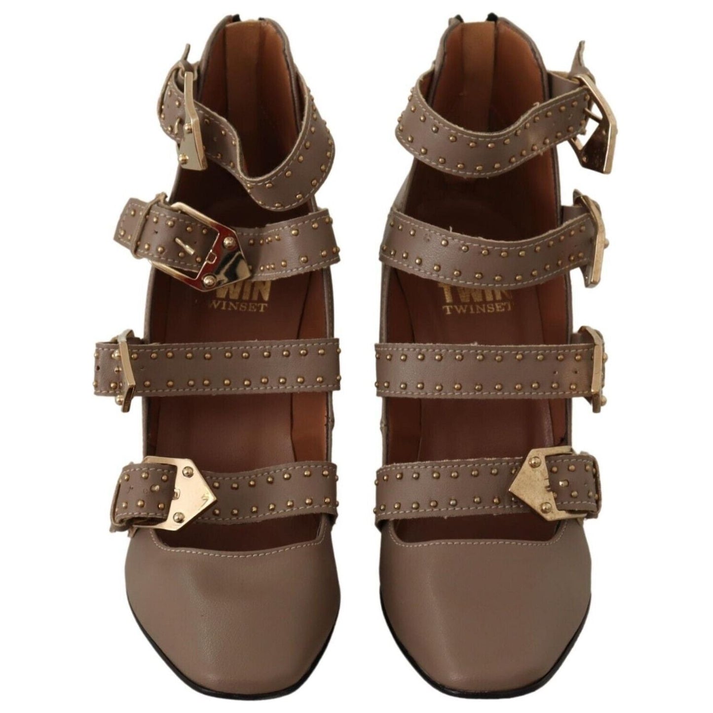MY TWIN Brown Leather Block Heels Multi Buckle Pumps Shoes WOMAN PUMPS