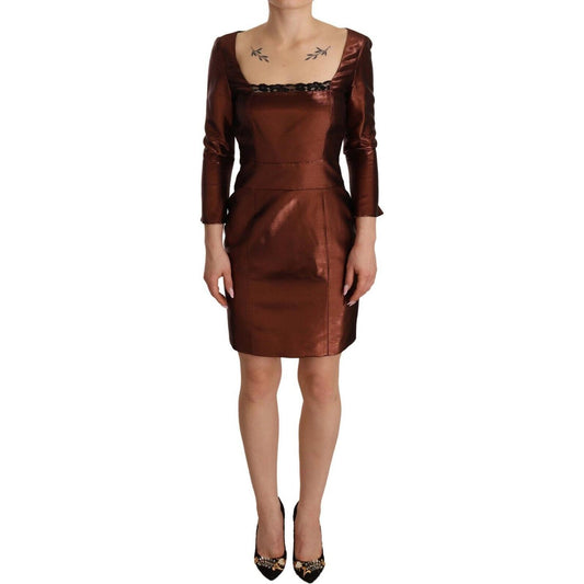 GF Ferre Metallic Brown Long Sleeves Square Neck Sheath Dress