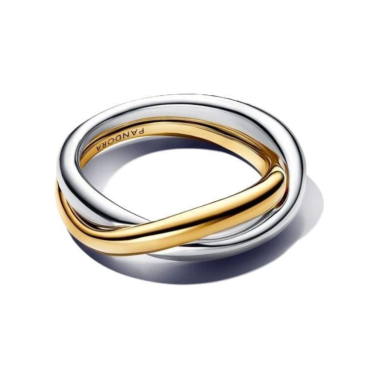 PANDORA mod. 163262C00-54 ring, sleek intertwined silver and gold bands, elegant design.