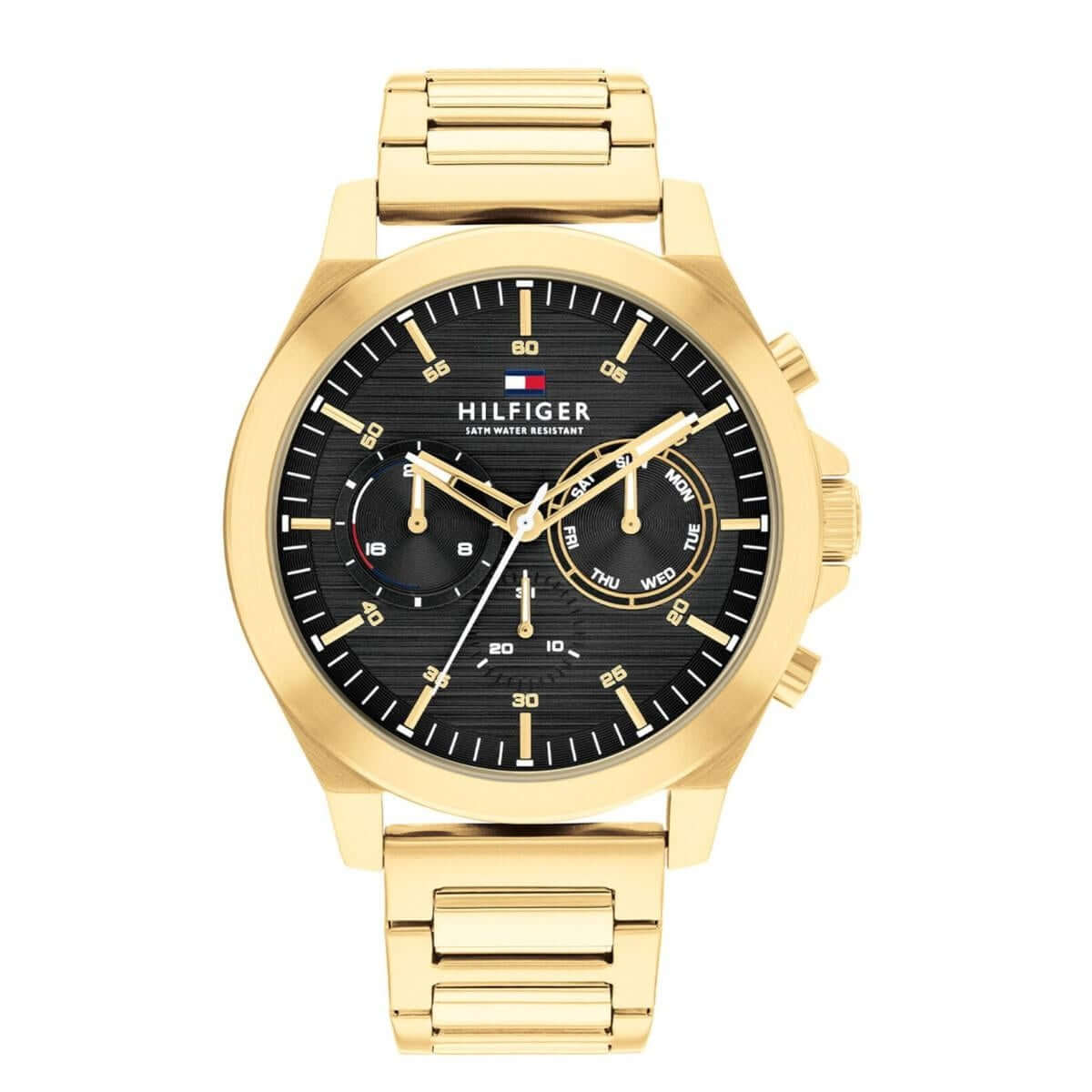 Alt Tag: TOMMY HILFIGER Mod. 1710520 men's quartz analog bracelet watch, gold-tone with black dial, 46mm case, water resistant, official packaging.