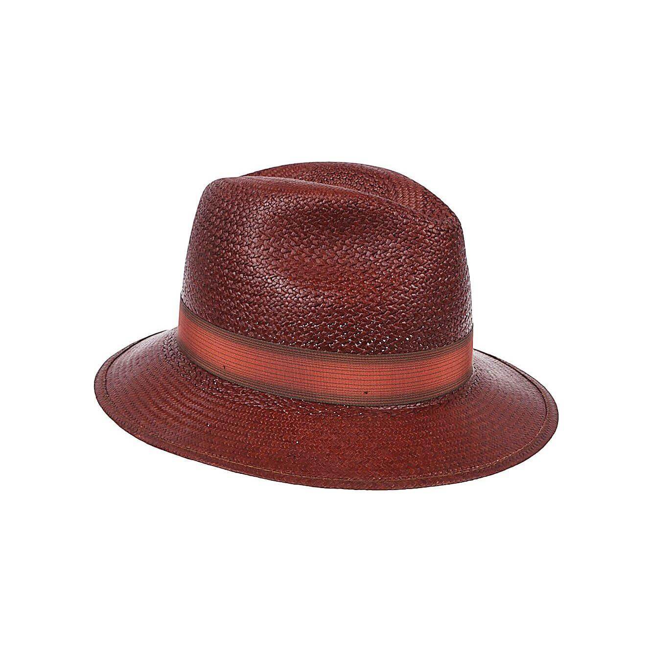 Borsalino brown straw panama hat with brown belt and side logo, panama fantasia design, perfect for stylish sun protection.