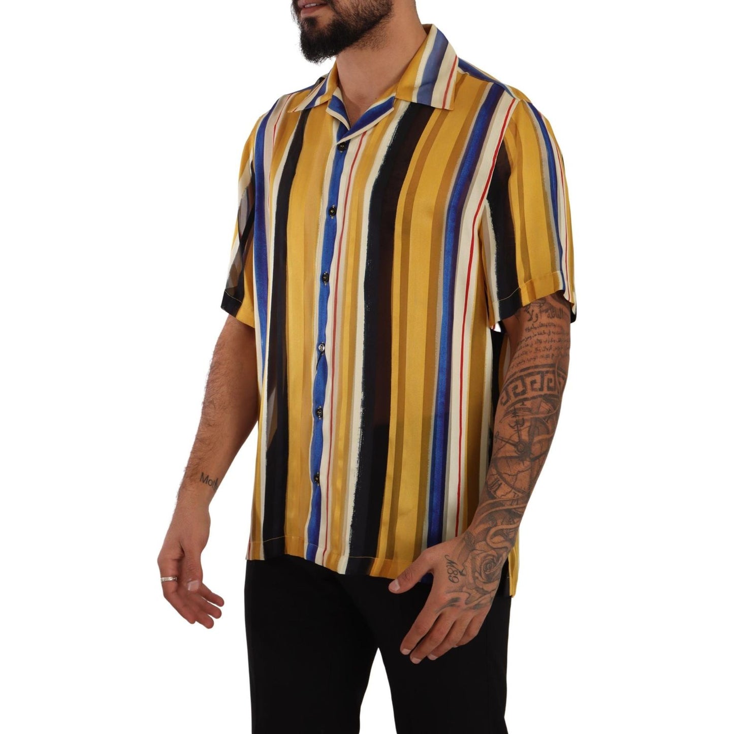 Dolce & Gabbana Yellow Striped Short Sleeve Silk Shirt