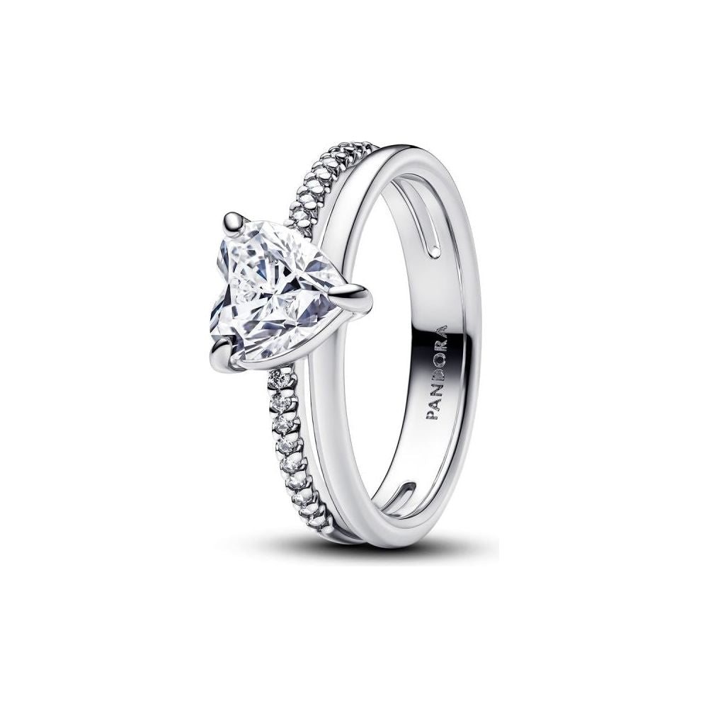 PANDORA Jewelry Mod. 193100C01-52 silver ring with heart-shaped crystal design, featuring intricate band details. Elegant and stylish accessory.