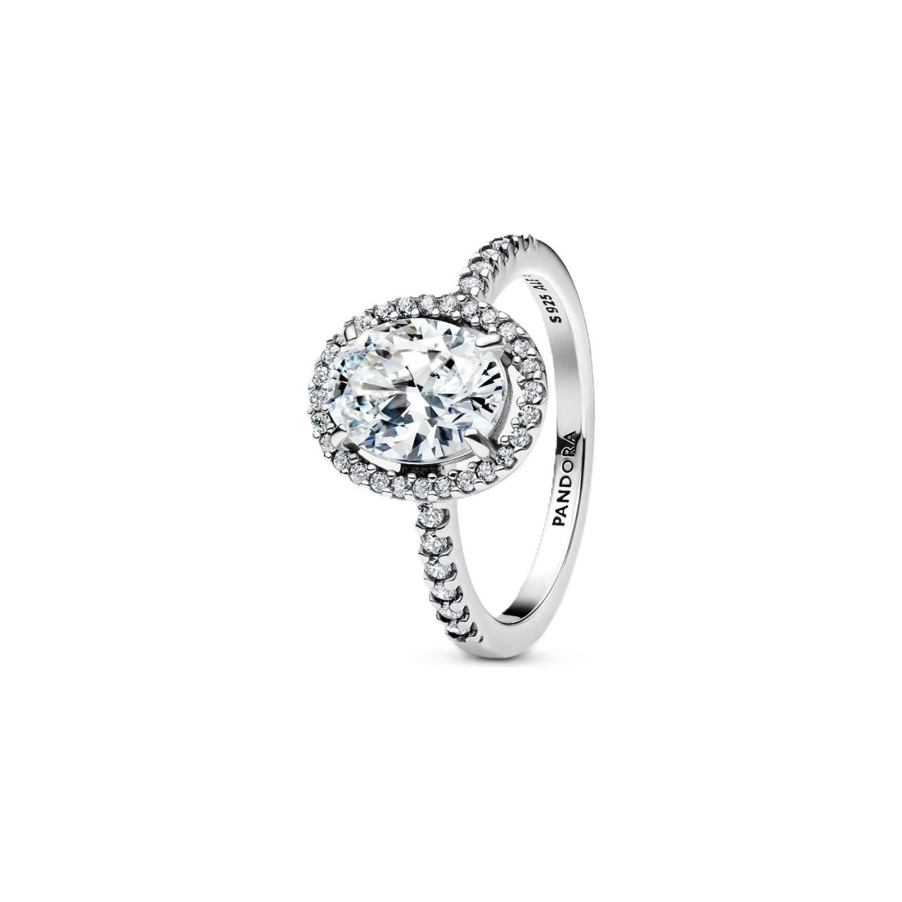 Elegant Pandora ring Mod. 193777C01-56 featuring a sparkling cubic zirconia in a halo setting, showcasing refined luxury.