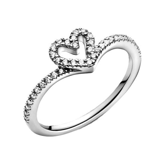 PANDORA heart-shaped silver ring with sparkling crystals, Mod. 199302C01-54, elegant jewelry design.