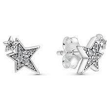 PANDORA SPARKLING ASYMMETRIC STARS silver earrings for women, elegant Thailand-made jewelry in official box.