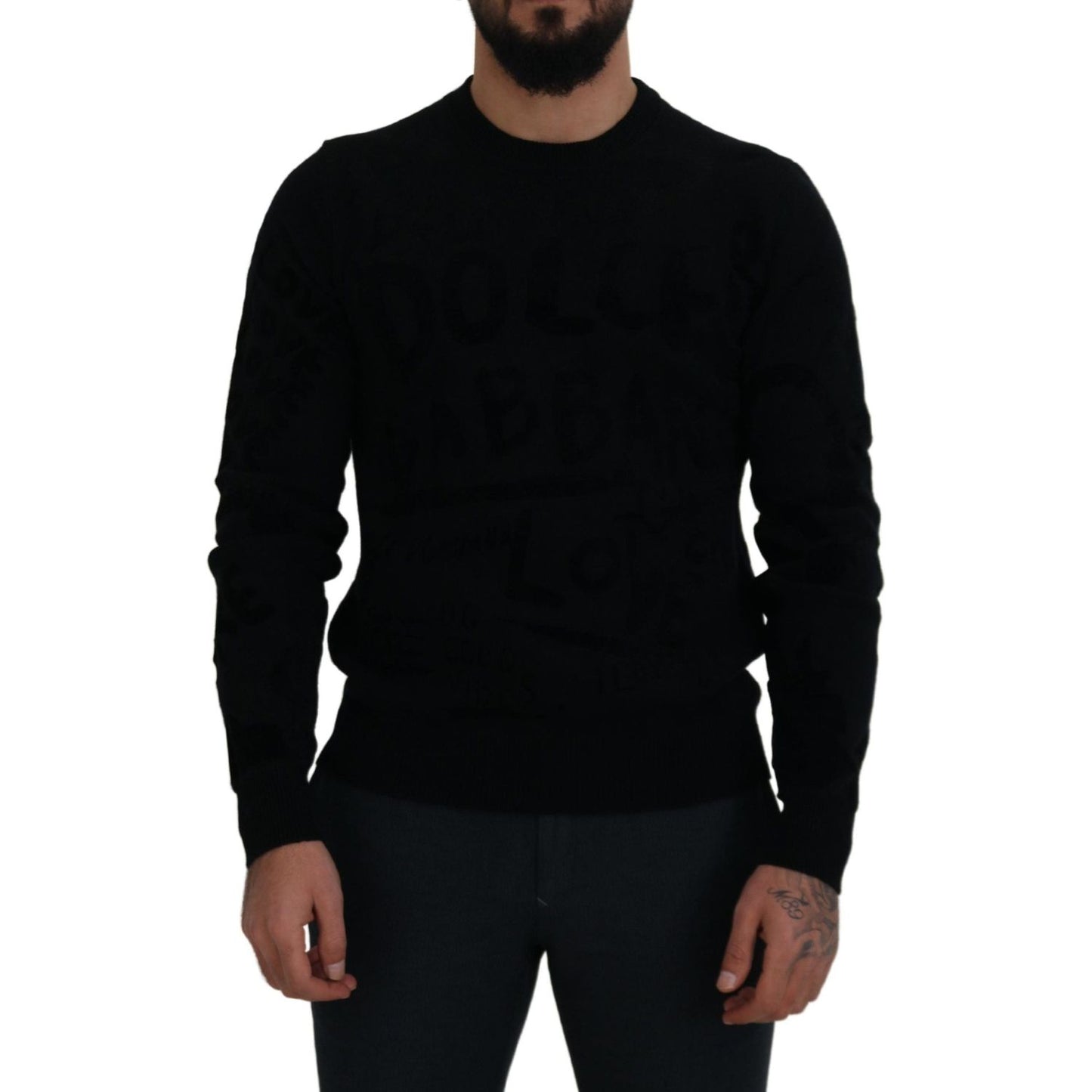 Dolce & Gabbana Black Wool Logo Pattern Crewneck Pullover Sweater
