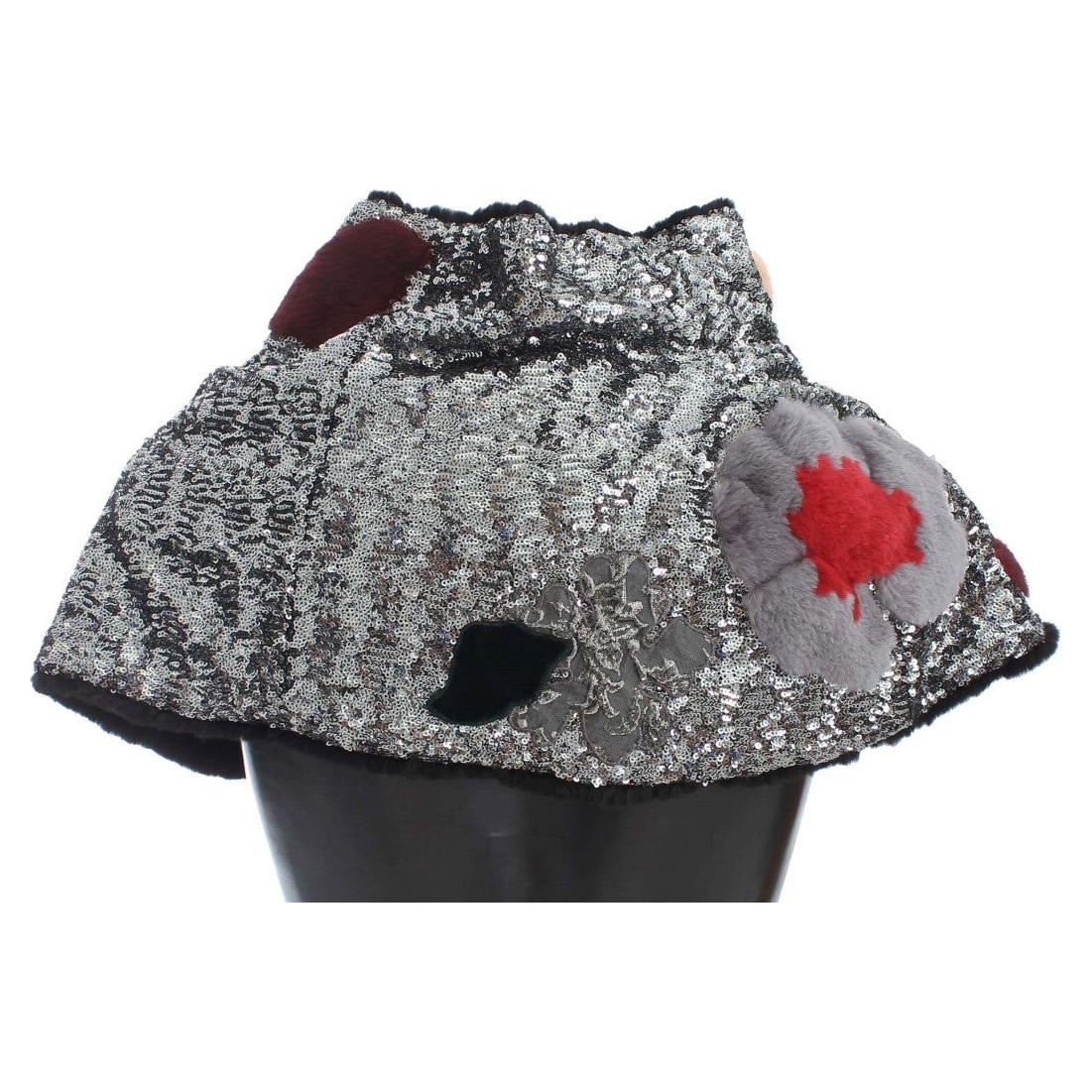 Dolce & Gabbana Silver Sequined Floral Weasel Fur Shoulder Scarf Wrap