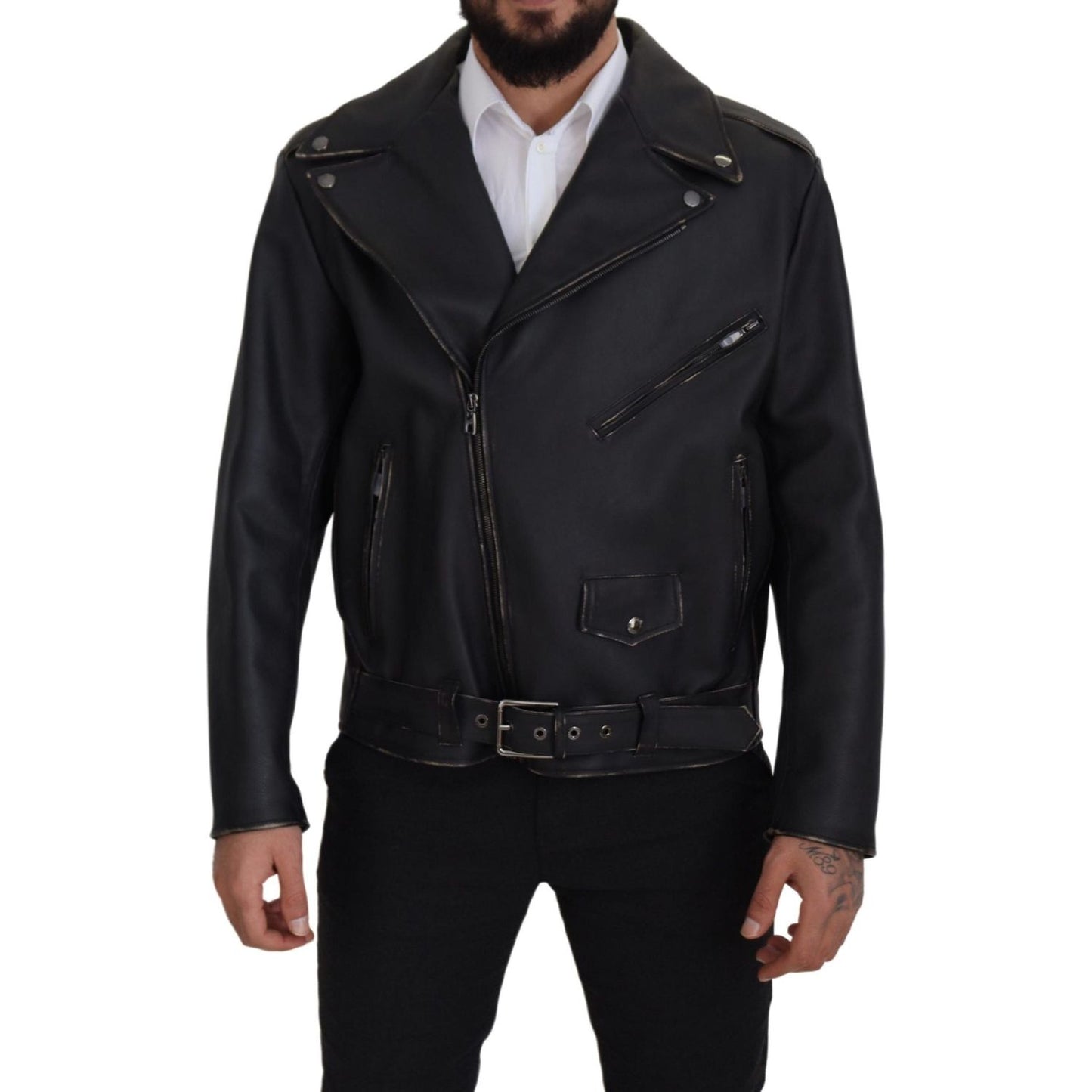Dolce & Gabbana Black Leather Biker Coat Zipper Jacket