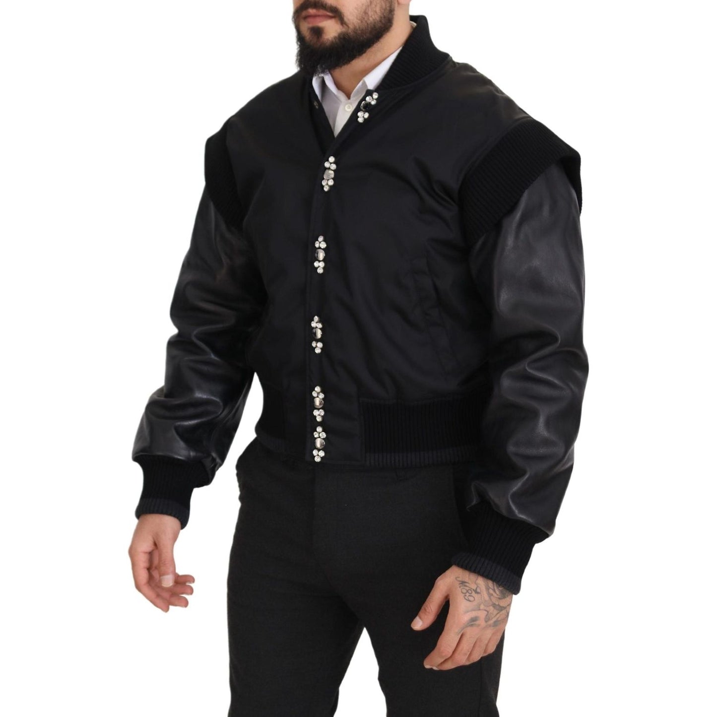 Dolce & Gabbana Black Nylon Crystals Coat Buttons Jacket