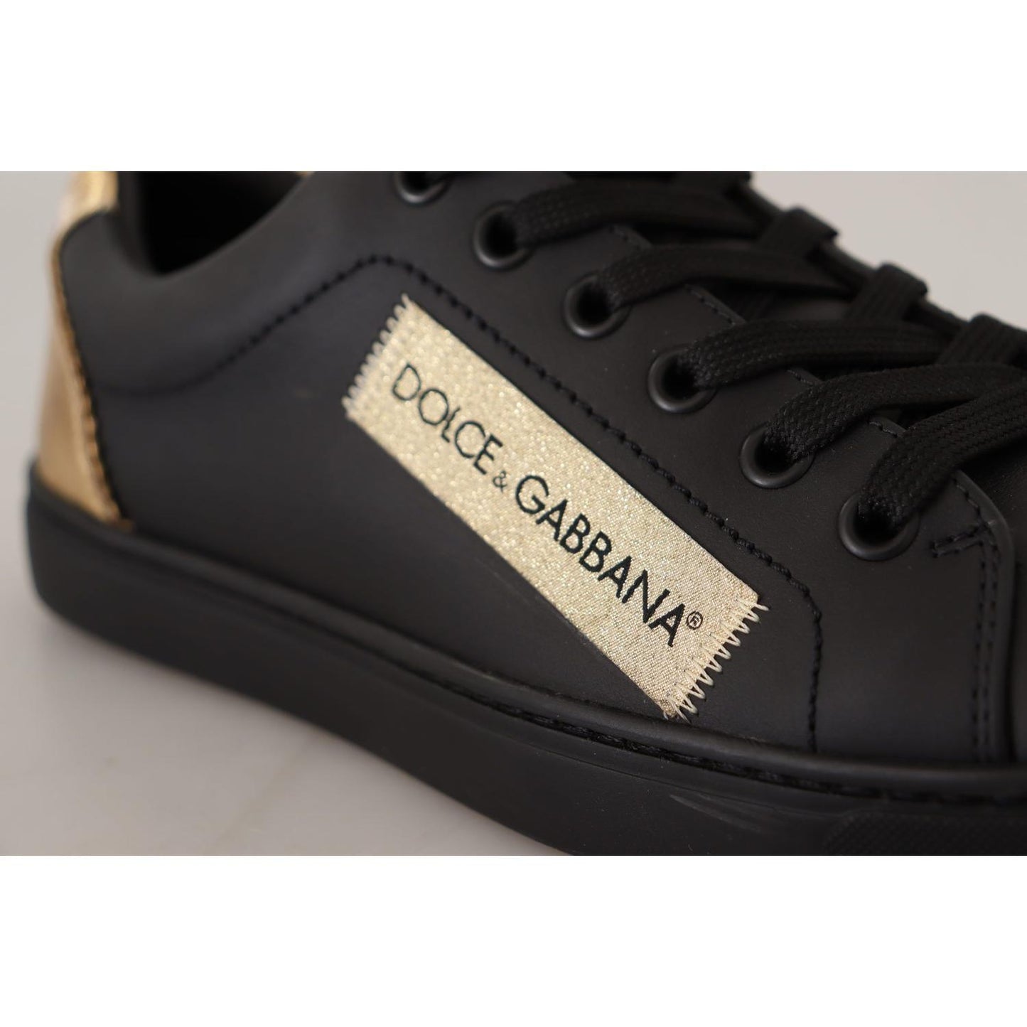 Dolce & Gabbana Black Gold Leather Low Top Sneakers Womens Shoes