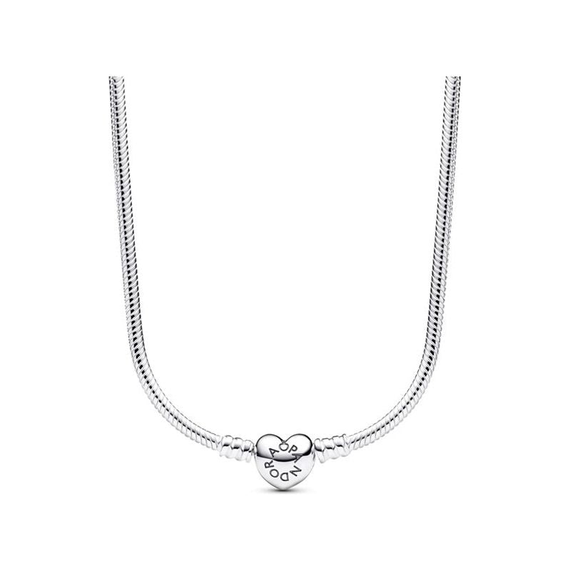 PANDORA Mod. 393091C00-45 silver necklace for ladies with heart clasp, made of 925° silver, in official box packaging.