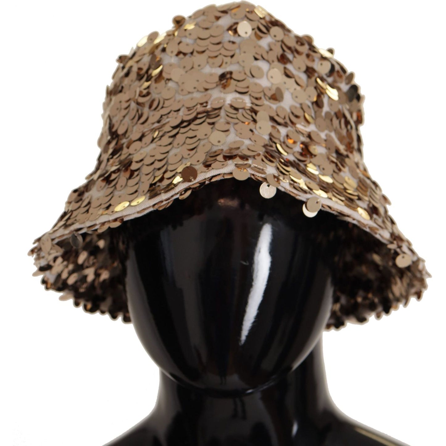 Dolce & Gabbana Gold Silk Sequin Embellished Designer Brim Bucket Hat