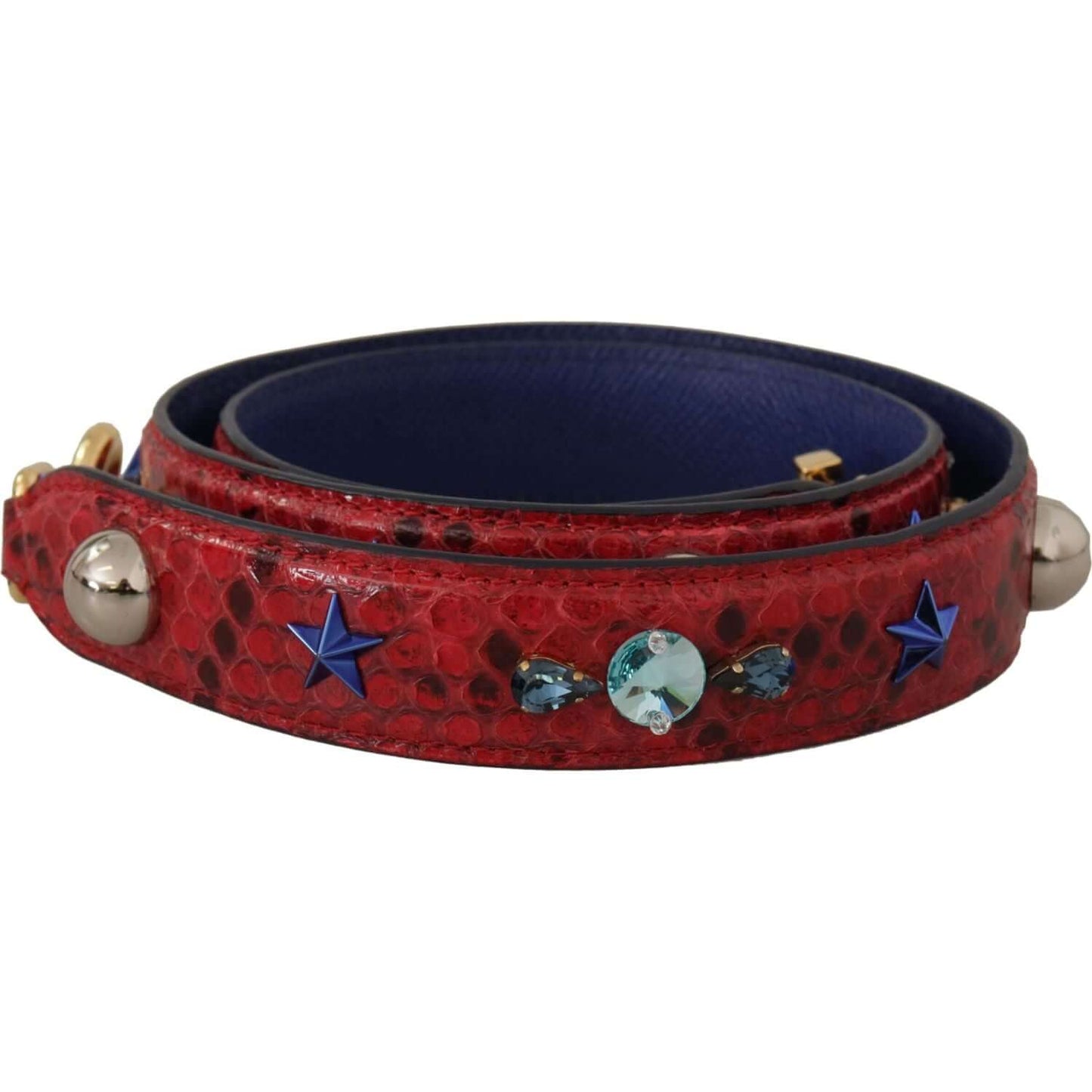 Dolce & Gabbana red python leather shoulder strap with gold-tone lobster clasps and star embellishments, luxurious Italian accessory.
