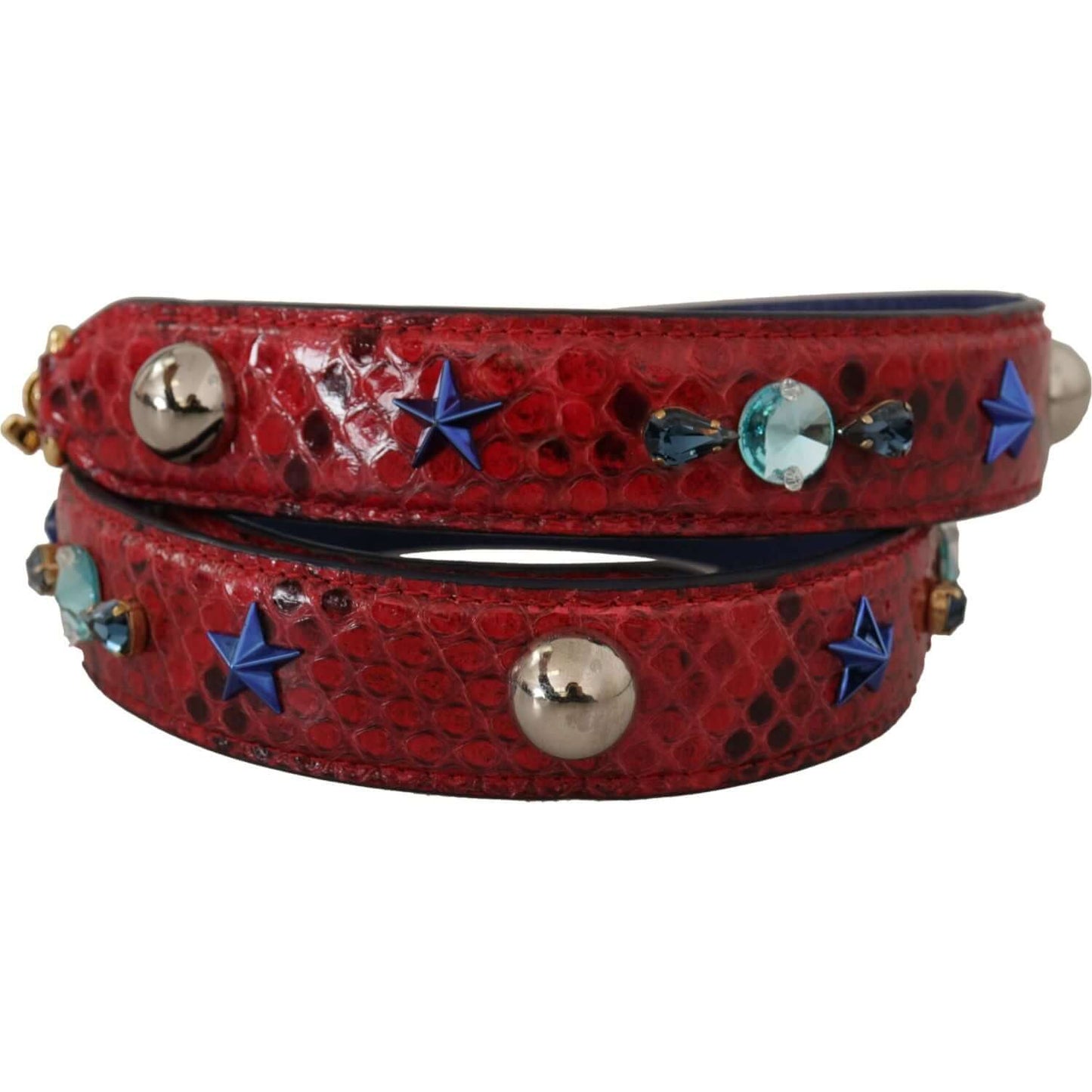 Dolce & Gabbana red python leather shoulder strap with gold-tone clasps, adorned with blue and silver embellishments.