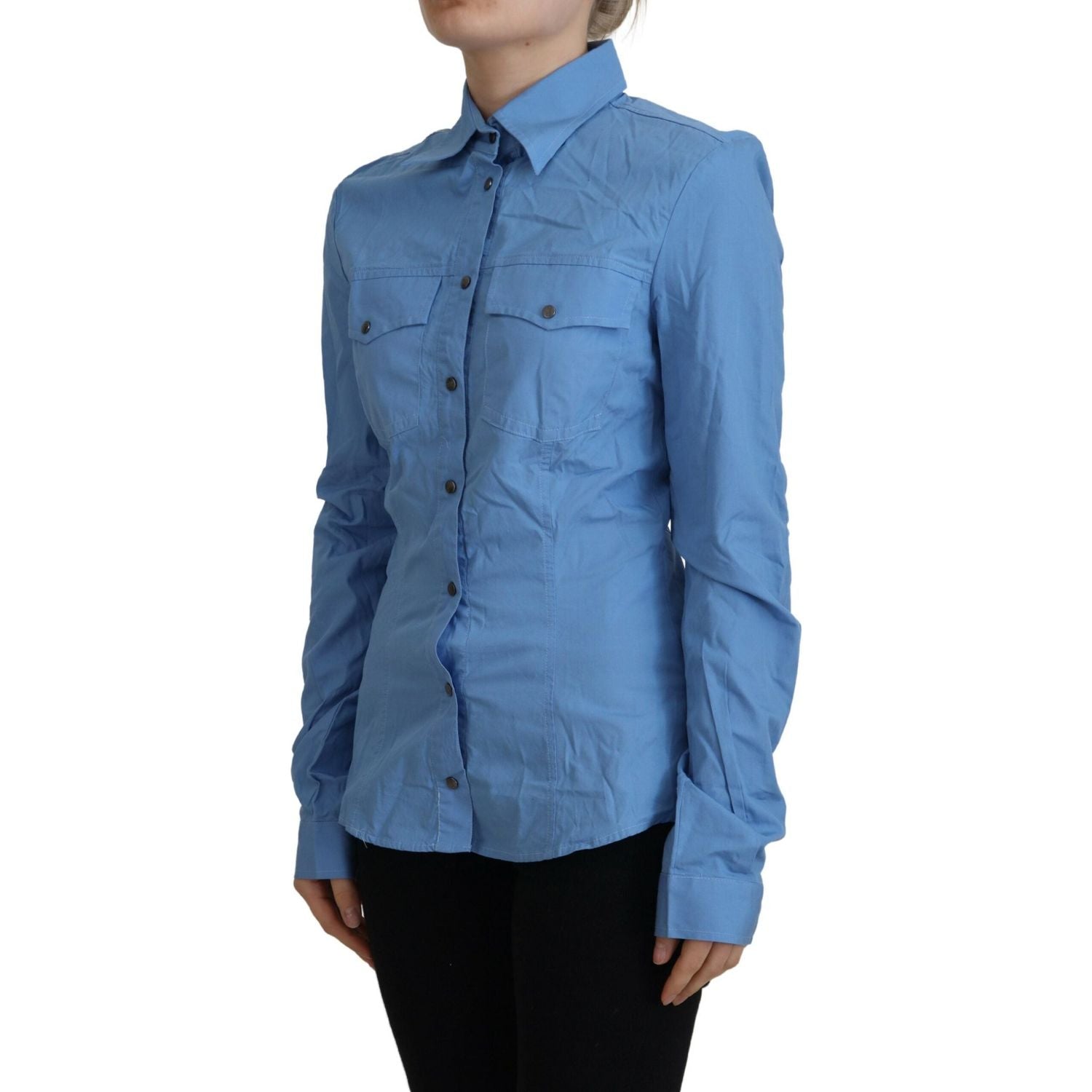 Ferre Blue Cotton Long Sleeves Collared Button Down Top