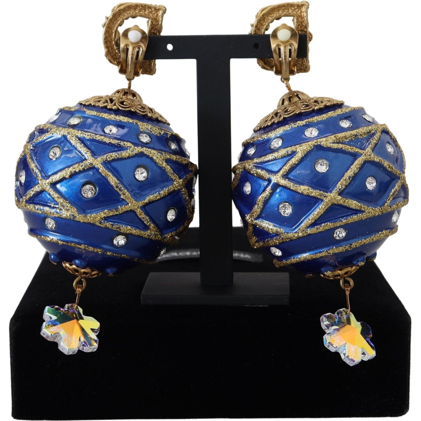 Dolce & Gabbana Gold Brass Blue Dangle Ball Crystal Clip On Earrings Earrings