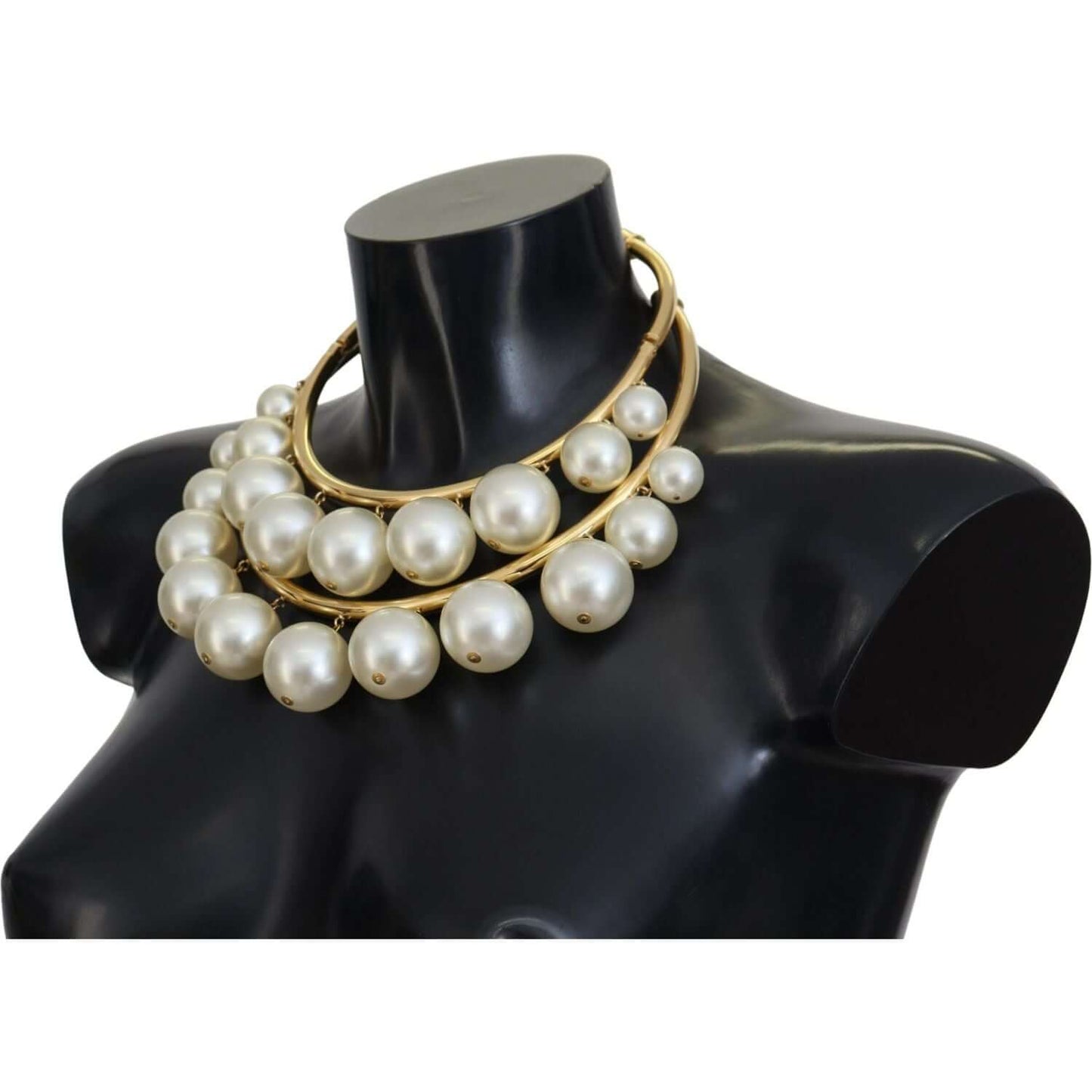 Elegant Dolce & Gabbana gold choker adorned with faux pearls displayed on a mannequin bust.
