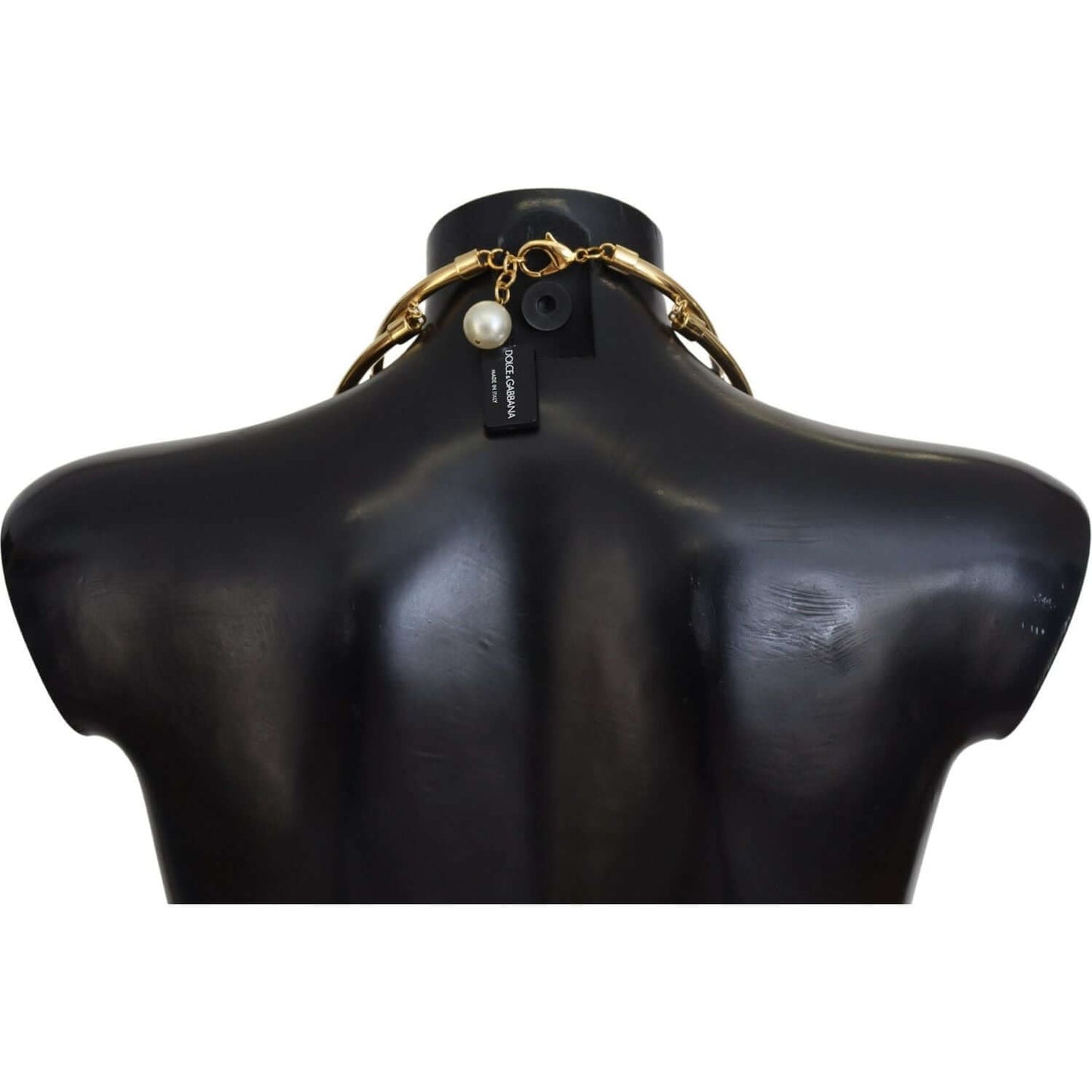 Back view of Dolce & Gabbana faux pearl gold choker on mannequin, showcasing lobster clasp and detailed craftsmanship.