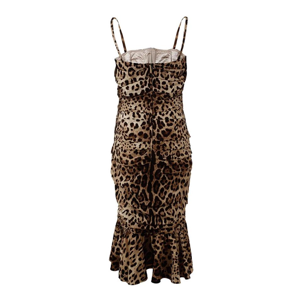 Dolce & Gabbana Brown Leopard Print Ruched Midi Dress