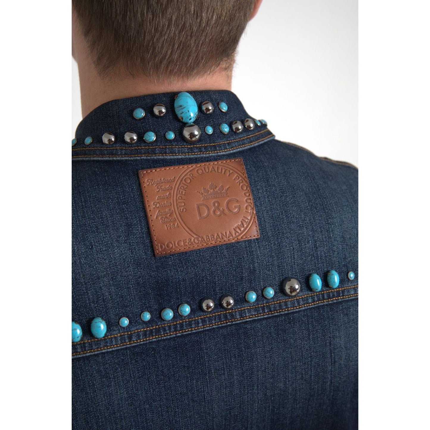 Dolce & Gabbana Blue Denim Turquoise Stones Studded Jacket JKT3667-48