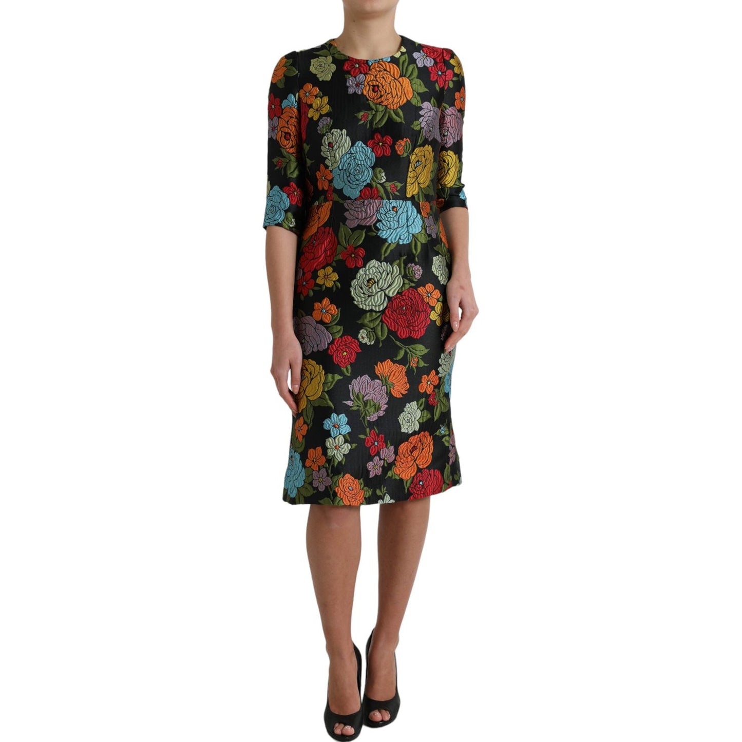 Dolce & Gabbana Black Floral Embroidery Knee Length Dress