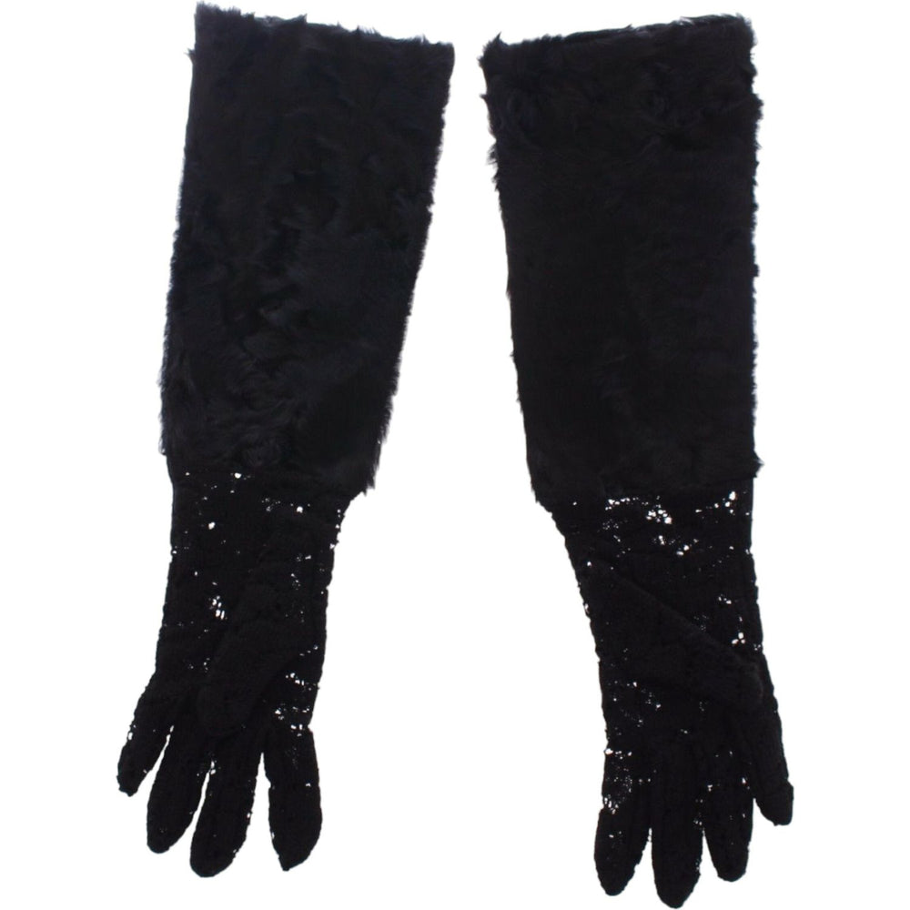 Dolce & Gabbana Black Lace Wool Lambskin Fur Elbow Gloves MOM11451-3