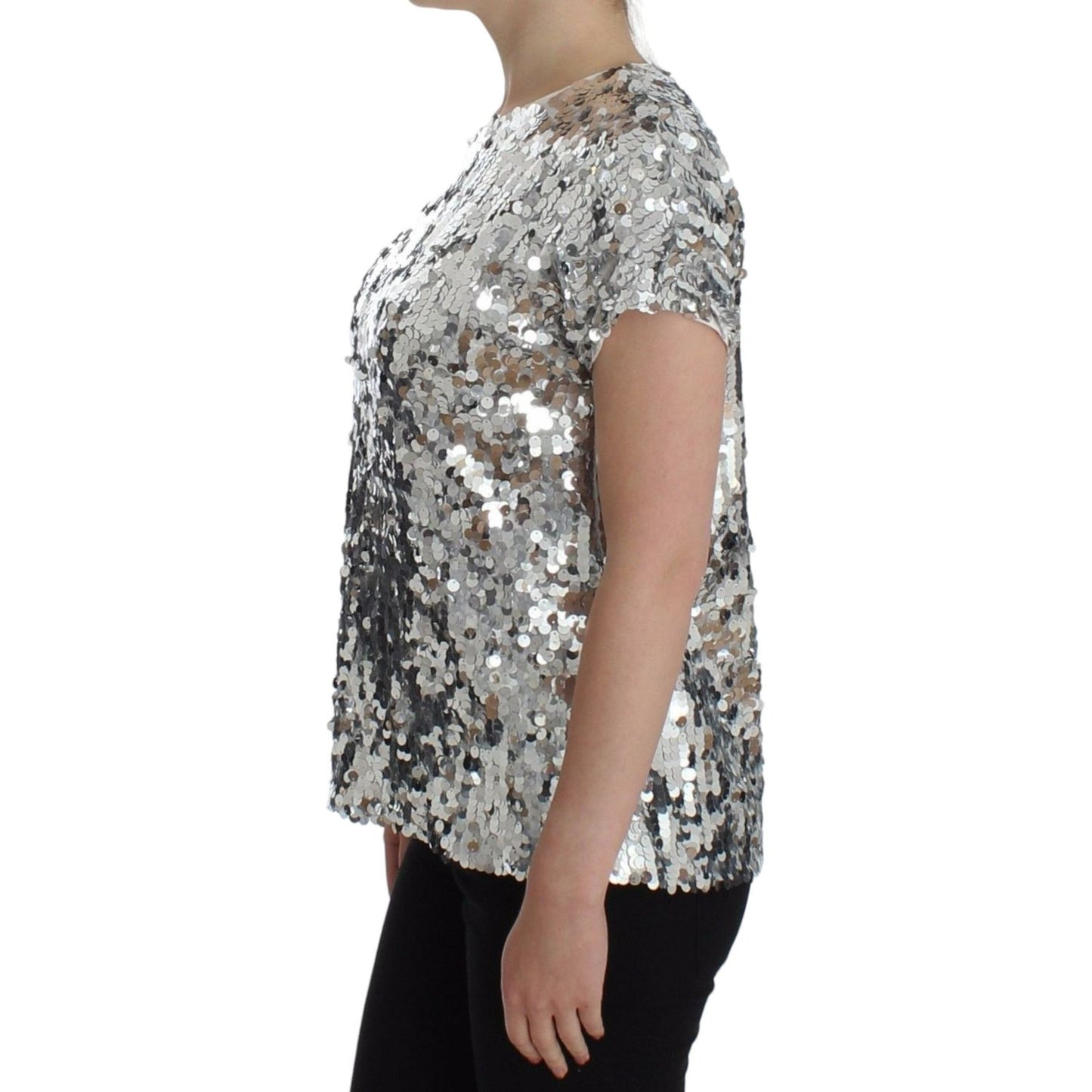 Dolce & Gabbana Silver Sequined Crewneck Blouse T-shirt Top
