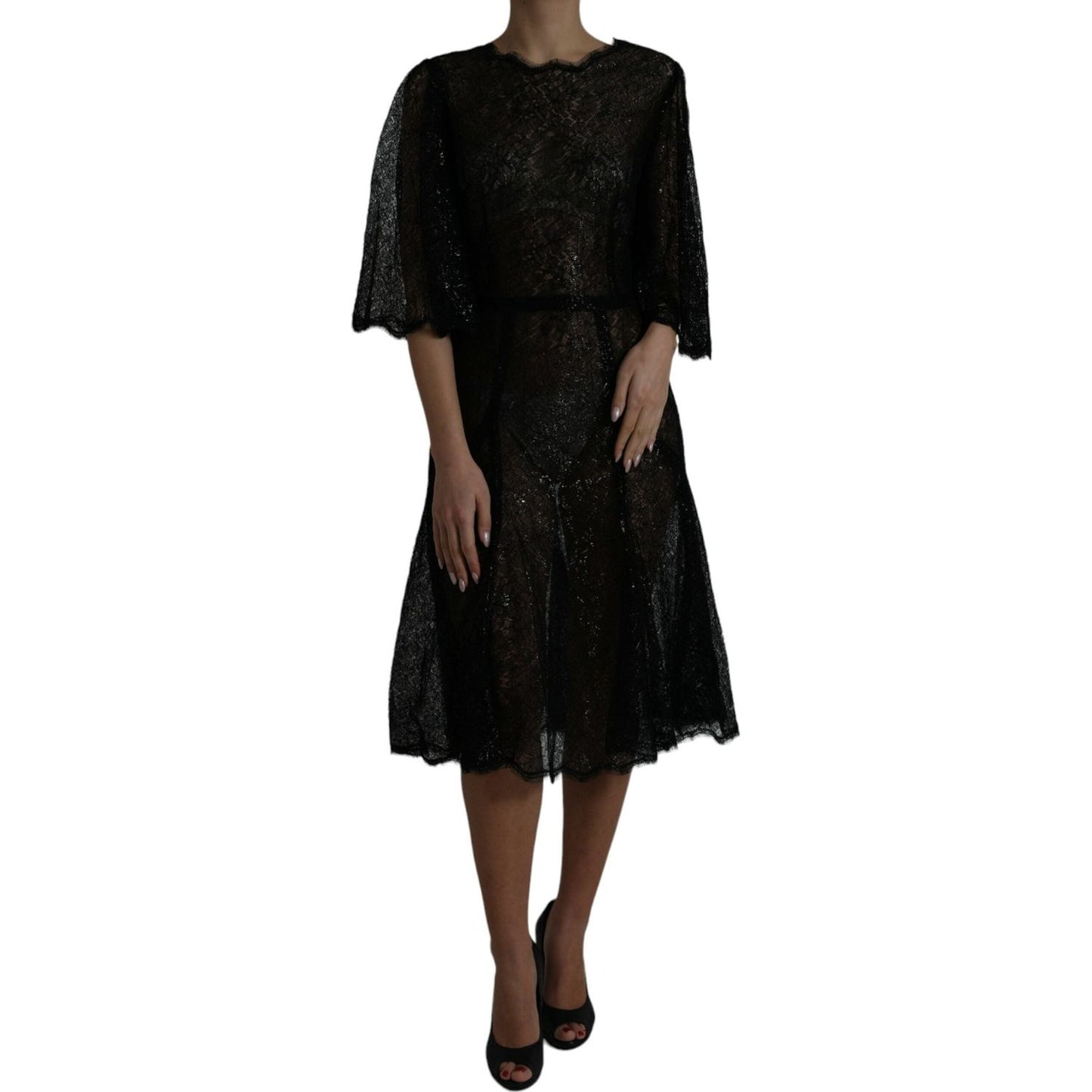 Dolce & Gabbana Black Floral Lace Sheer A-line Midi Dress