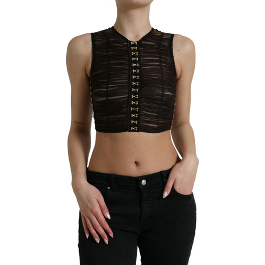 Dolce & Gabbana Brown Embellished Nylon Stretch Cropped Top
