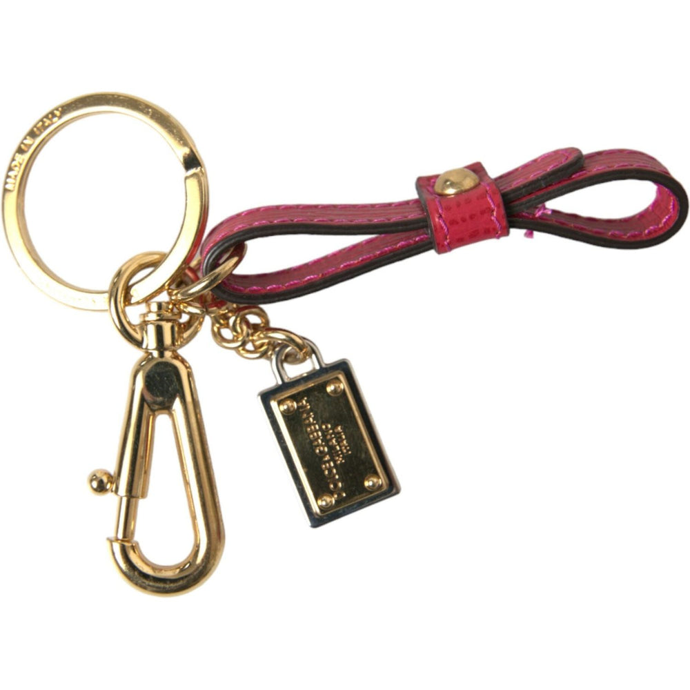 Dolce & Gabbana Red Calf Leather Gold Metal Logo Plaque Keyring Keychain