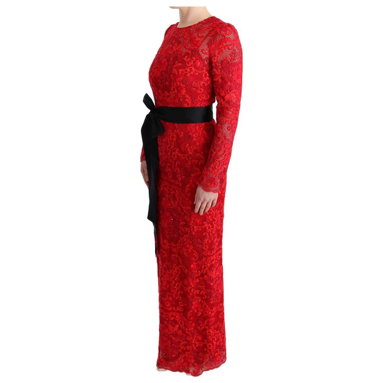 Dolce & Gabbana Red Floral Ricamo Sheath Long Dress WOMAN DRESSES