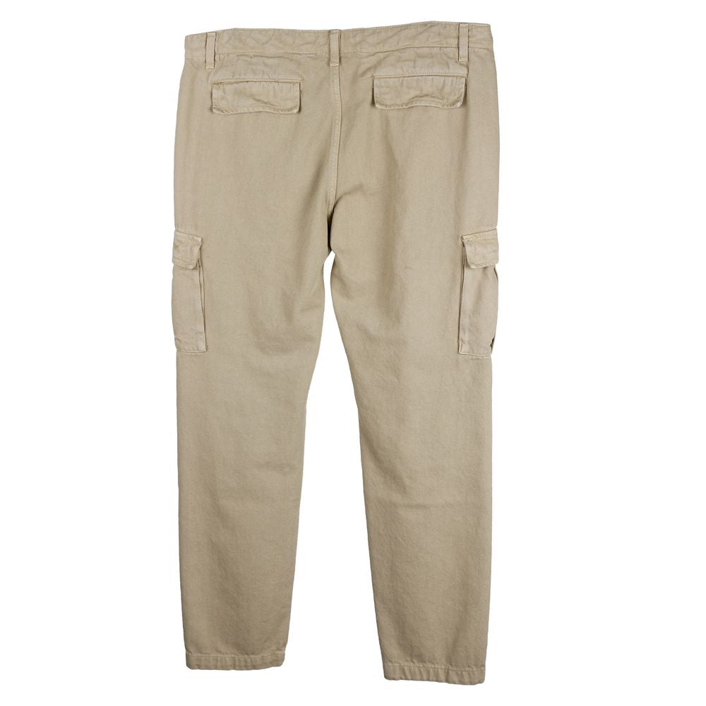 Comme Des Fuckdown beige cotton men's trousers with oversized cargo pockets, back view, showcasing Italian-made streetwear fashion.