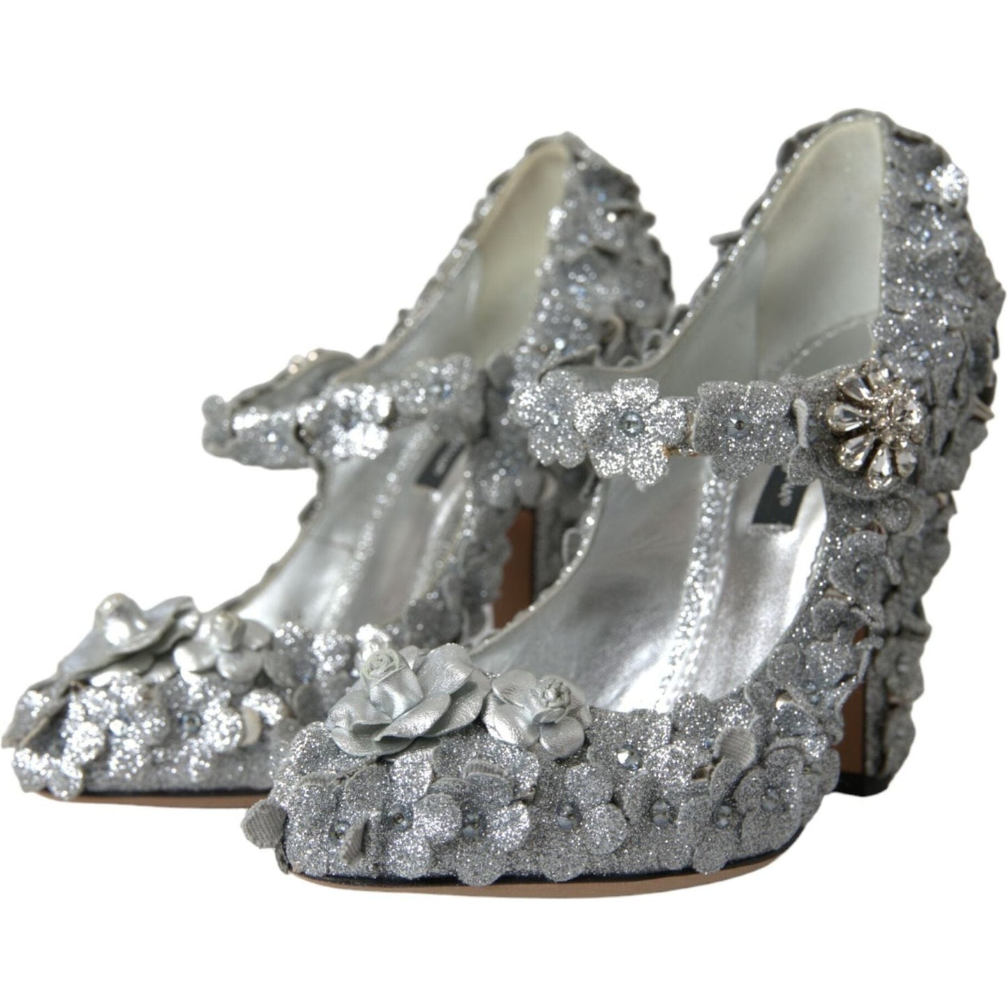 Dolce & Gabbana Silver Floral Crystal Mary Jane Pumps Shoes