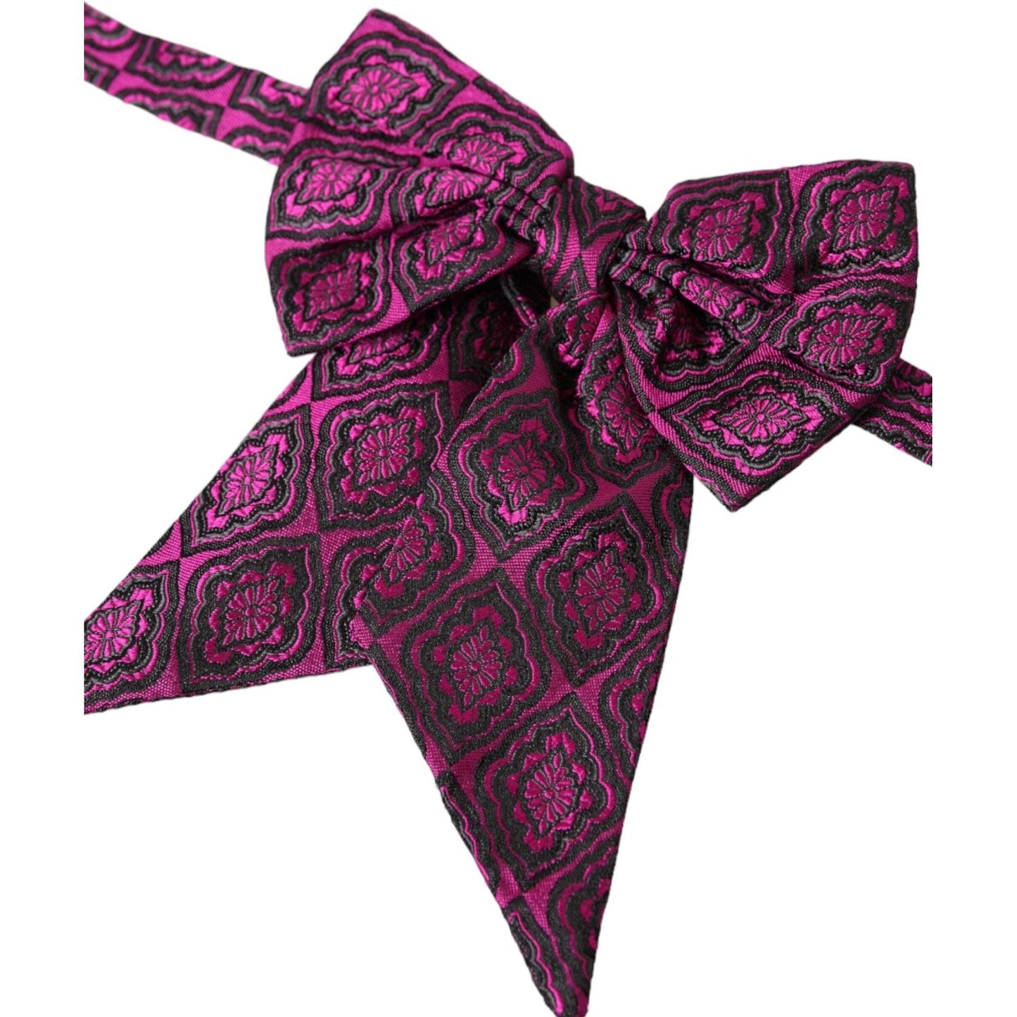 Dolce & Gabbana purple silk bow tie with ribbon pattern, adjustable neck strap, men's fashion accessory. Made in Italy.